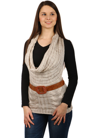 Dámská elegantní pletená vesta bez zapínání,doplněna koženkovým páskem. Dovoz: Turecko Materiál: 70% akryl, 30%