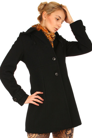 Dámský elegantní vlněný kabát s odnímatelnou kapucí. Zapínání na knofíky. Áčkový střih. Vhodný na zimu. Až