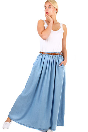Dámská letní maxi sukně s kapsami s páskem, jednobarevná. Sukně má v pase prošitou gumu, pro pohodlné oblékání a