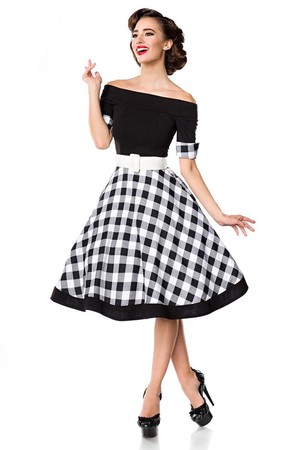 Dámské retro bílo-černé šaty s kolovou kostkovanou sukní. Na konci rukávů manžety v barvě sukně. Ve výstřihu