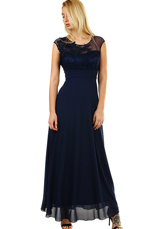 Společenské dámské šifonové šaty v maxi délce. Horní přední díl je ozdoben nádhernou vyšívanou aplikací