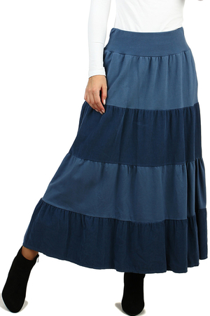 Dlouhá dámská kanýrová sukně áčkového střihu. Sukně má širší pas z jemně žebrovaného úpletu, pro