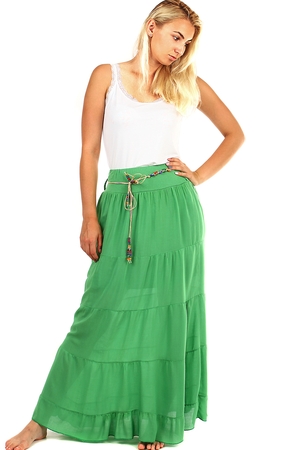 Dámská jednobarevná letní maxi sukně s ozdobným provázkovým páskem. Sukně má pružný pas z hladkého úpletu,